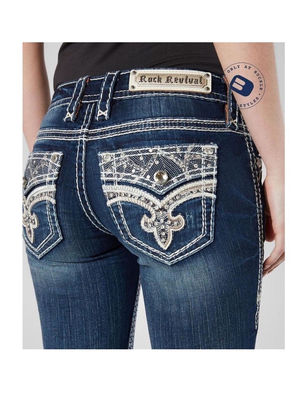 Rock Revival Oliana Mid-Rise Skinny Jeans Bling Pockets Intentional Fading SZ 30